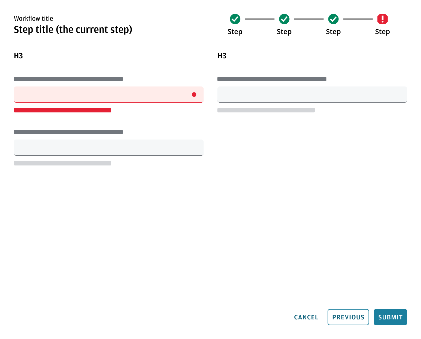 Wizard stepper displaying an error validation state